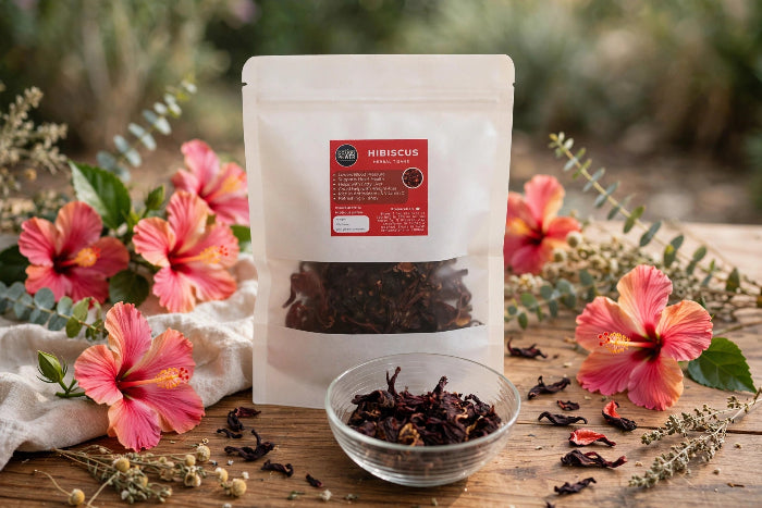 A stand-up pouch of hibiscus tea with a clear window showing dried dark red hibiscus flowers, placed on a wooden surface with a small glass bowl of loose tea, pink hibiscus flowers, green leaves, and a white cloth in a blurred outdoor setting.