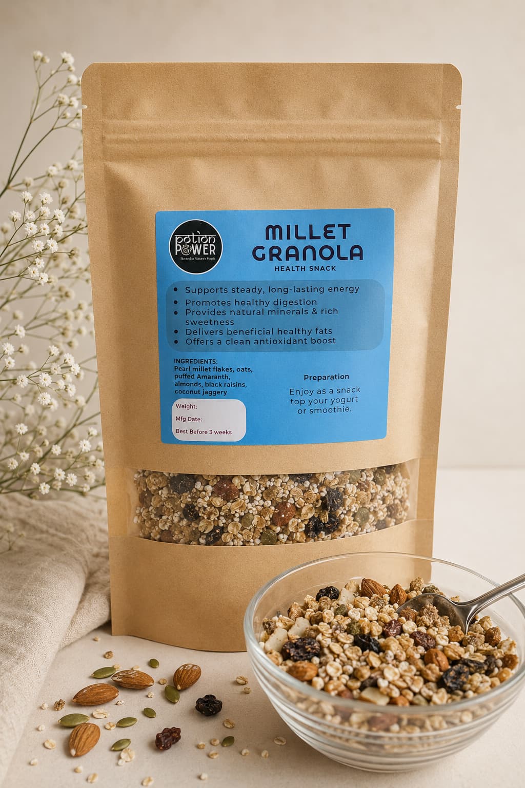 Millet Granola wholesome ancient grain breakfast by Potion Power