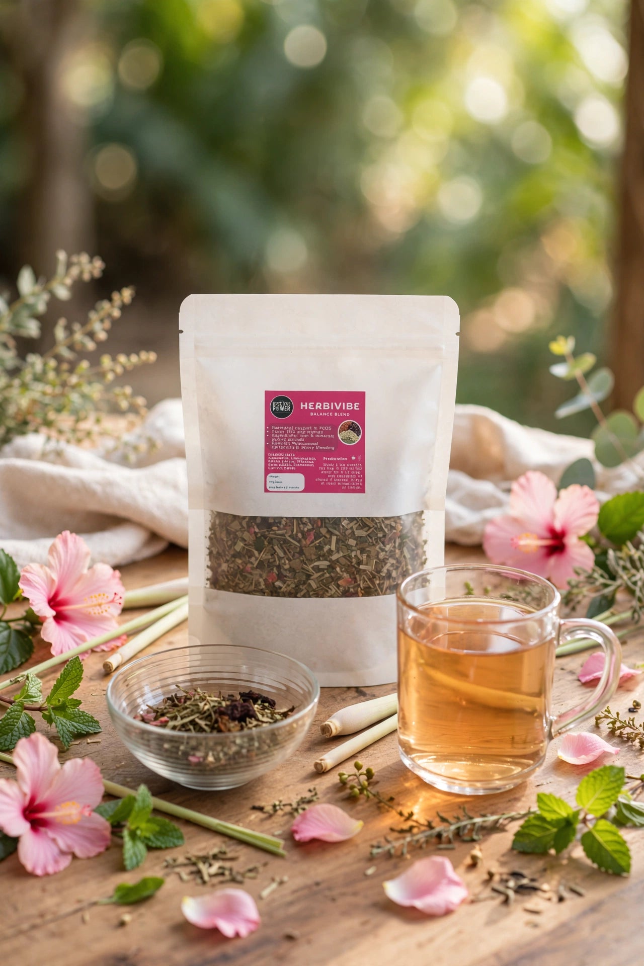 A stand-up pouch of herbal tea with a clear window showing loose dried herbs, styled on a wooden surface with a glass of brewed tea, a small bowl of loose herbs, and pink flowers in a soft outdoor setting.
