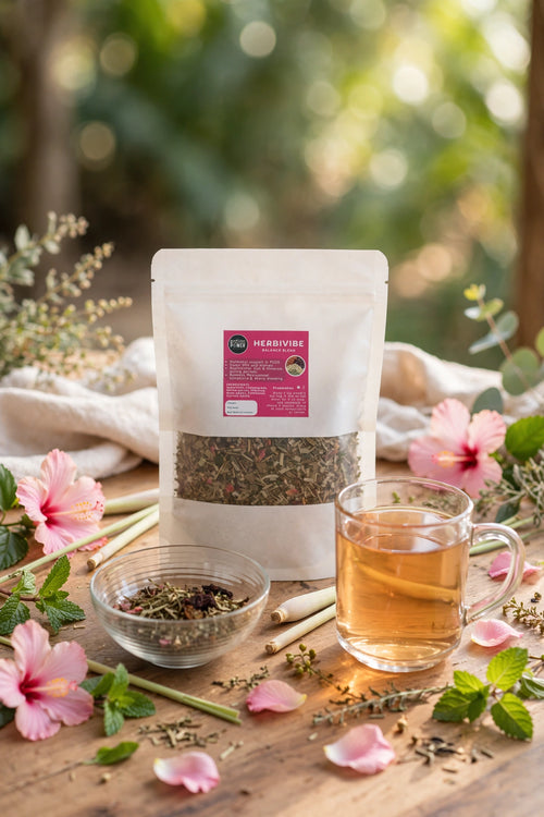 A stand-up pouch of herbal tea with a clear window showing loose dried herbs, styled on a wooden surface with a glass of brewed tea, a small bowl of loose herbs, and pink flowers in a soft outdoor setting.