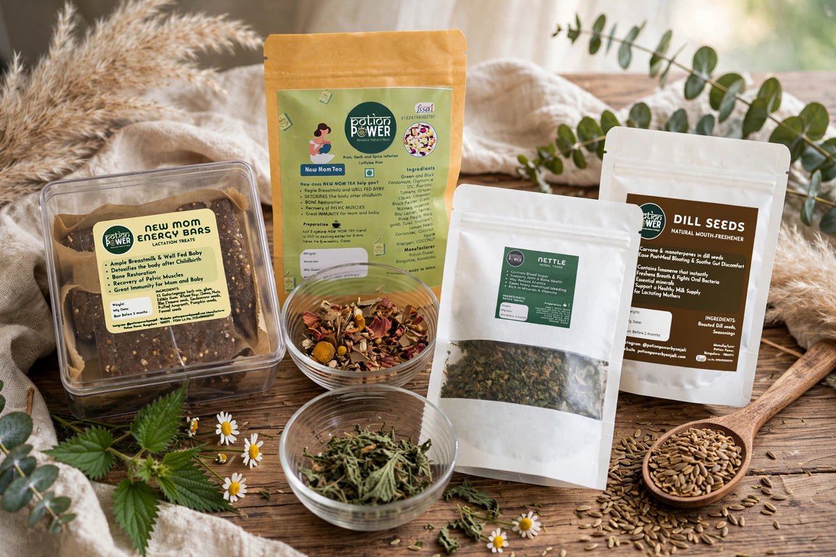 Gift bundle for New mothers that has complete postpartum wellness nourishment. Energy bars, caffeine-free herbal tea, nettle tea, dill seed mouth freshener - all have galactogogue properties that boost breastmilk production naturally, strengthen the uterus and nourish the bones and muscles of the pelvis. 