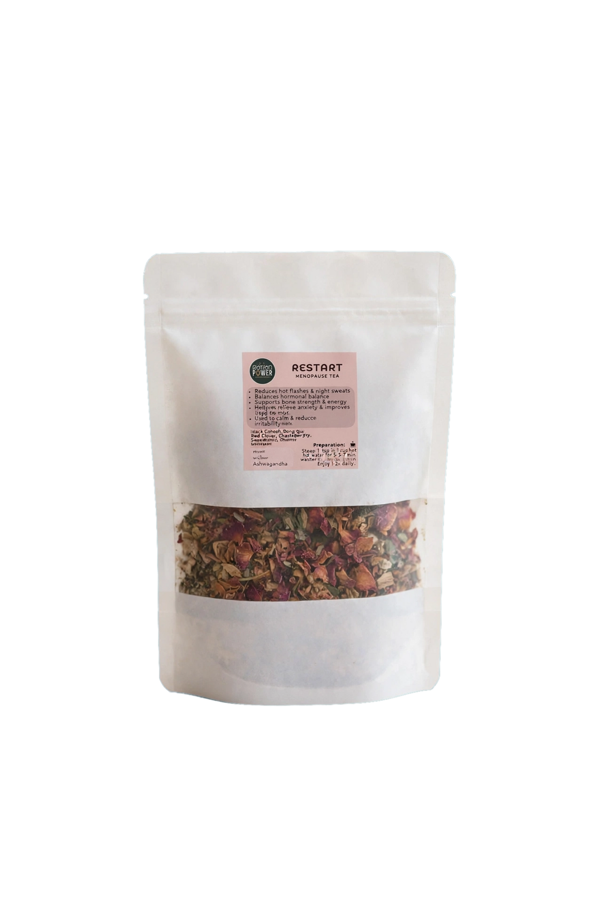Restart is a caffeine-free, mature women's wellness tea that works restoratively by balancing hormones, reducing mood swings, hot flushes and  supports bone health by supplying ample minerals.